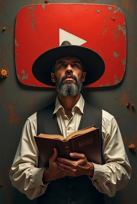 imagine , a Spanish-style man holding a bible  ,  in the background of the screen the blossoming YouTube icon .