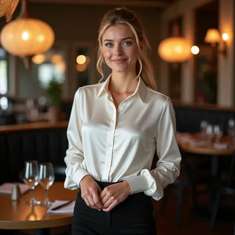  Full-length realistic portrait of a 20-year-old German Kellnerin ,  ponytail, collar, smile.  He stands in front of the camera wearing a shiny white satin langarm shirt and black pants... Restaurant,  glamorous photoshoot ,  beautiful female body houregla...