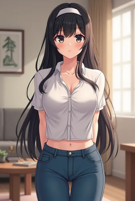 24-year-old adult woman with long black hair tied with a headband with black-eyed C-cup breasts wearing a short sleeve white shirt showing her cleavage and tight blue jeans in the background of a living room in the day.( Hentai version). looking forward fu...