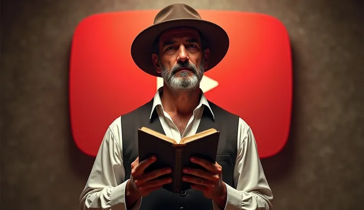 imagine , a Spanish-style man holding a bible  ,  in the background of the screen the blossoming YouTube icon .
