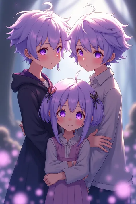 A triplets. Two boys and one girl with light purple hair and purple eyes.