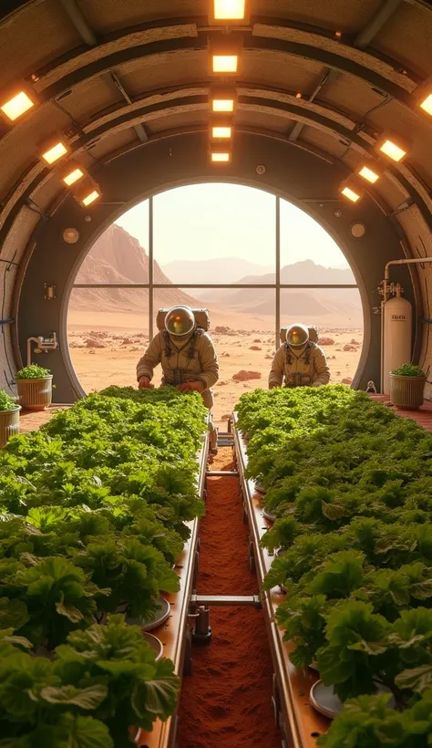 A Martian greenhouse illuminated by warm LED lights, filled with rows of vegetables growing in hydroponic trays. Colonists in lightweight suits tend to the plants, checking sensors and harvesting fresh produce. In the background, a water-recycling system h...