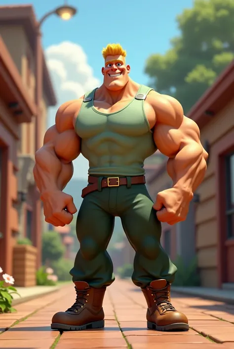 a muscular man with a blonde flattop hairstyle and blue eyes wearing a light green tank top, dark green pants and brown boots in pixar style 