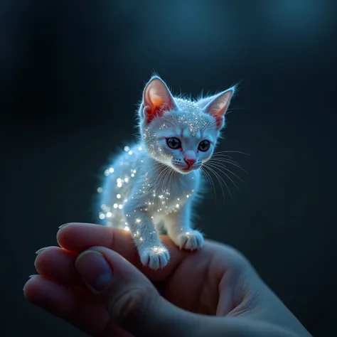  A cat with a very small diamond body is perched on the fingers of a woman in her 20s 。 Her sparkling crystal-like body illuminates her transparent body very beautifully by moonlight。The body has a fluffy coat and is soft 、 staring at the woman with big ey...