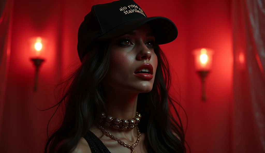 surreal Long-haired black Singing Jazz Music  female mid close up sexy body with black AJO Gold chain with diamond in her neck wearing a cap writing AJO rose gold stainless, night scene with the red light
