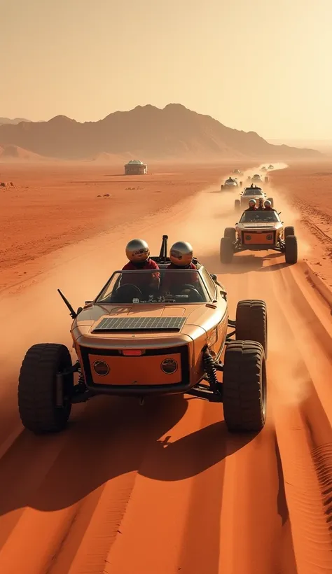 A convoy of pressurized vehicles traveling across the Martian surface, kicking up red dust as they move toward a distant mountain range. The lead vehicle is equipped with advanced navigation technology and solar panels. Colonists inside the convoy wear sli...