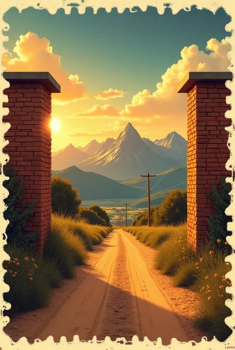 Golden postage stamp of the landscape of the rocky mountains of the town of Sierra Grande, located in the province of Río Negro,  ARGENTINA . The sun setting at dusk, you can see the stars. There is a dirt road that goes to the mountains, and there are two...