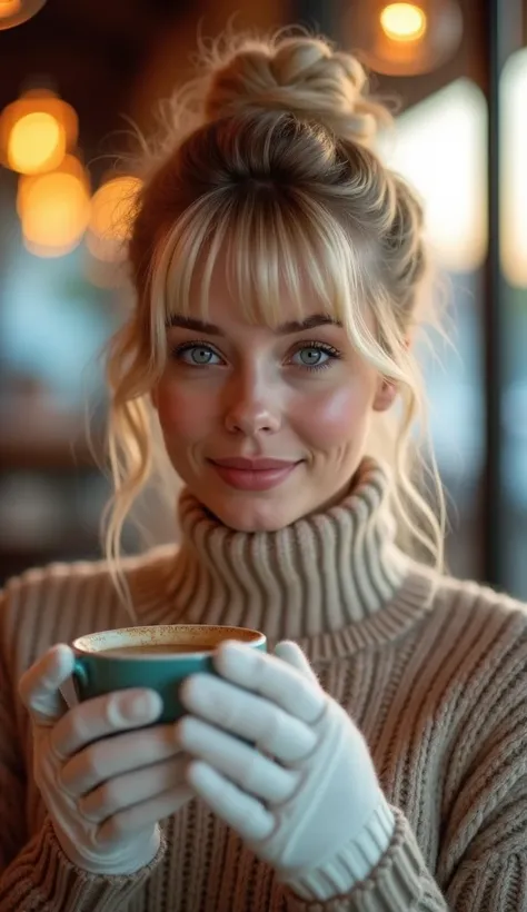 1 woman, blonde hair,  updo with bangs ,  wearing a beige sweater ,  white wool gloves in his hand , ( drinking coffee inside a coffee shop at sunset),  text, innocent face, Blue eyes,  High resolution, work masterful ,  The best quality ,  intricate detai...