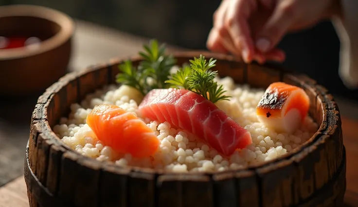 Fish cut over leavened rice in barrels in ancient Japan 