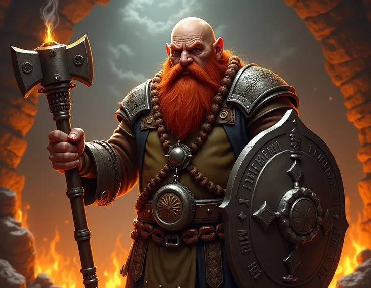  A stout, severe-faced dwarf clergyman ,  with a long, red beard braided with metallic runes .  He wears a string of tights decorated with engravings of flames ,  a shining war hammer in one hand and a shield adorned with a shield adorned with a symbol of ...