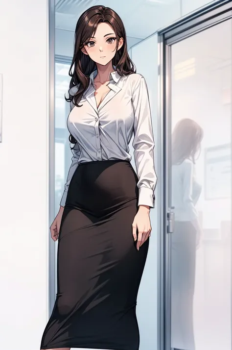 ((masterpiece, best quality:1.8, high detail)), beautiful business woman, looking at viewer, solo focus, long wavy hair, (dark brown hair), (black blazer), (black midi pencil (skirt)), slim body, wide hips, (lower body), office room, desk,