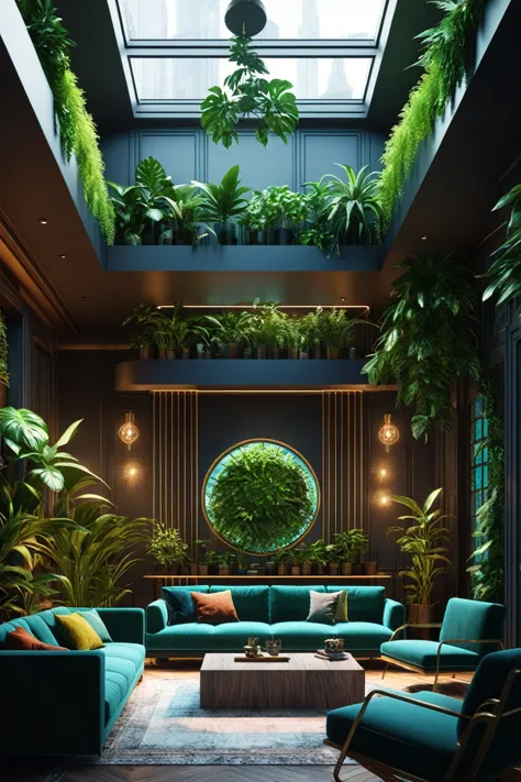 living room view with lots of plants and sofa, ornate cyberpunk interior ,  cyberpunk setting , cyberpunk interior ,  cyberpunk ...