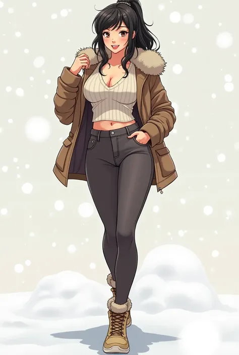 Full body Anime adult woman with sexy figure in a winter outfit, keeping the sweater but adding a winter jacket around her shoulders and winter style pants and shoes.
Cartoon art