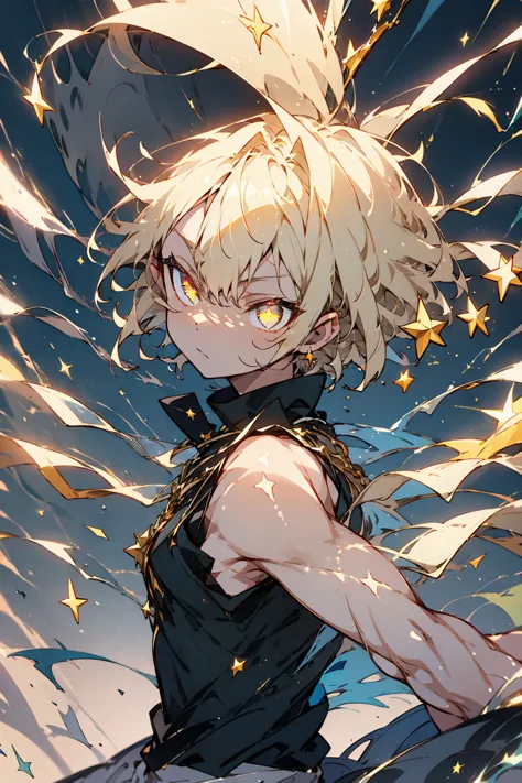 1male, spikey hair, gold hair, star eyes, black sleeveless shirt, white baggy pants, night time, cocky expression