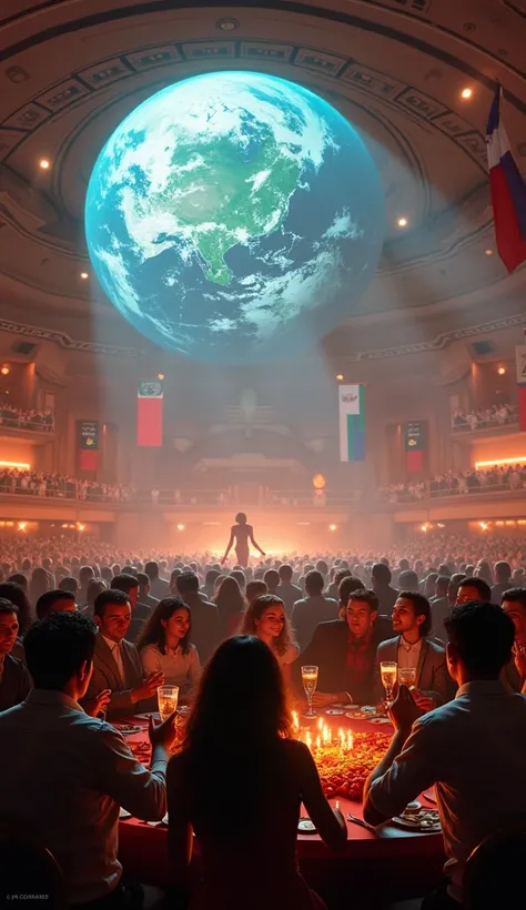 Colonists gathered in a central dome, celebrating the success of their first year on Mars. Flags from various Earth nations decorate the space, and holographic images of Earth are projected above. People toast with drinks made from Martian-grown crops, and...