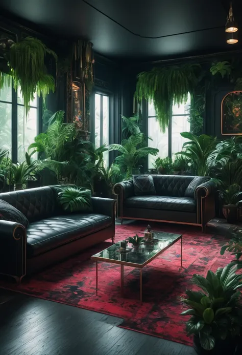  living room view with lots of plants and sofa, ornate cyberpunk interior ,  cyberpunk setting , cyberpunk interior ,  Cyberpunk room ,  lush cyberpunk foliage ,  cyberpunk apartment ,  the magical atmosphere, cyberpunk atmosphere,  cyberpunk atmosphere , ...