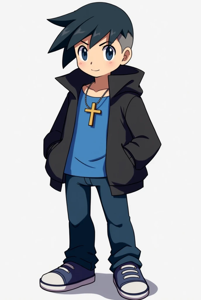 A Pokemon trainer with black hair and dark blue eyes wearing a black jacket with a blue t-shirt, wearing a cross-shaped necklace made of metal, dark blue jeans and sneakers using a haircut with a fringe.