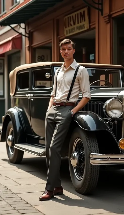 A vintage 1930s city street scene featuring a stylishly dressed man leaning against a shiny black Cadillac V-16 Phaeton. Men wear classic 1930s fashion: tailored trousers, suspenders and button-down shirts, with retro hairstyles. The backdrop features an a...