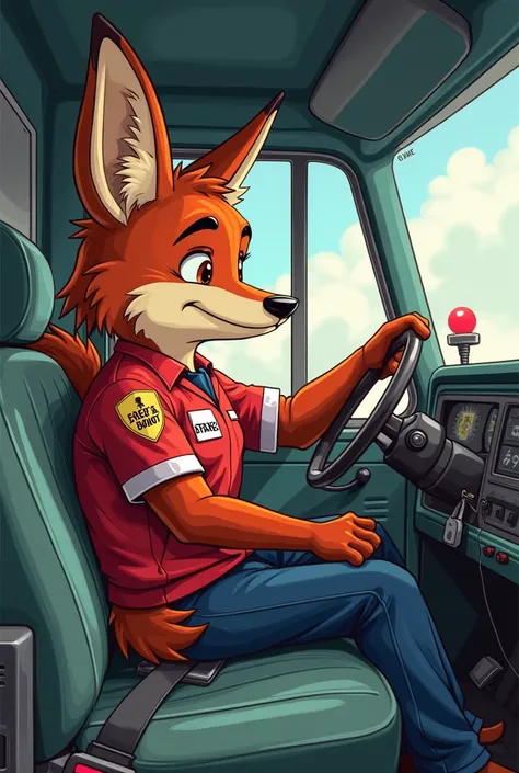 Cartoon drawing furry coyote wearing a paramedic uniform in the driver seat with a furry female wearing a paramedic uniform in the passenger seat of a 1980 ford ambulance with lights flashing responding to a crash