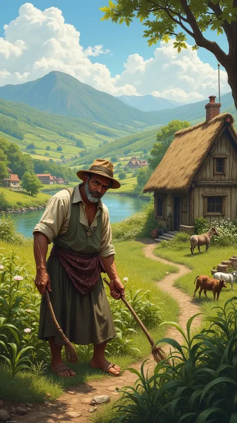 A peasant looking after his small farm, in a village.