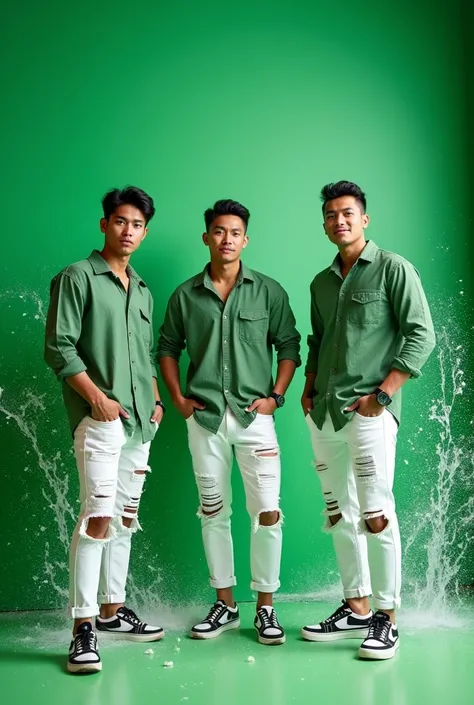 showing original studio photos, very detailed, 3 handsome Indonesian men wearing green clothes, ripped white pareasi jeans standing posing like models,,, there is water splashing under the fruit while laughing in the green wall background there is writing ...