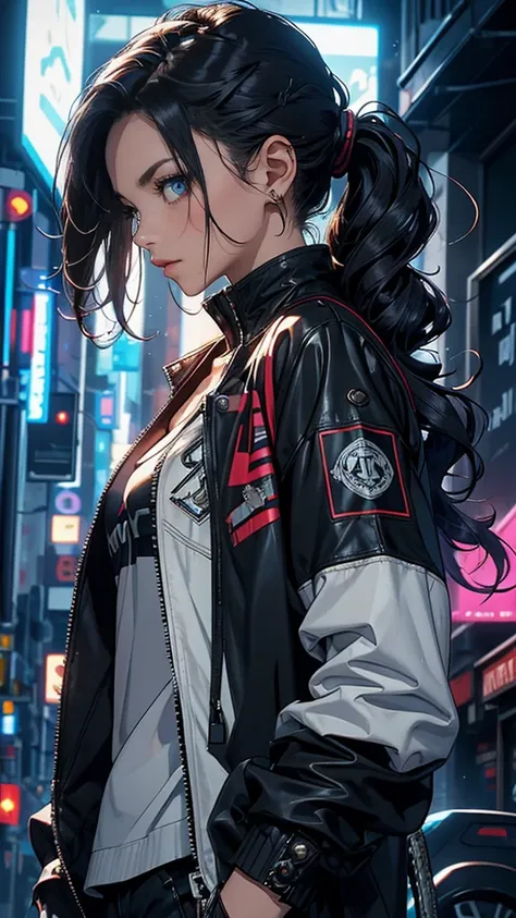 (masterpiece:1.1), (Best Quality:1.1),, (smoother lighting:1.05), (Improve the quality of cinematic lighting:0.9), 1 girl, cyberpunk, Samurai Jacket: A replica of Johnny Silverhands iconic jacket, featuring bold graphics and a sleek design Long, Half-Up, H...