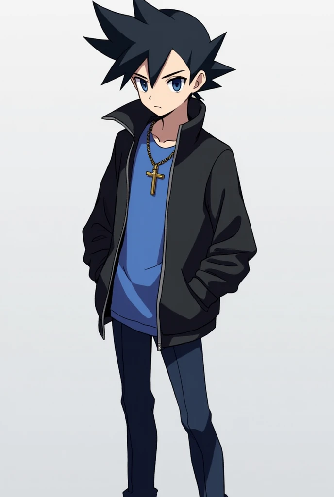 A Pokemon trainer with black hair and dark blue eyes wearing a black jacket with a blue t-shirt, wearing a cross-shaped necklace made of metal, dark blue jeans and sneakers with stylish hair and a serious expression.