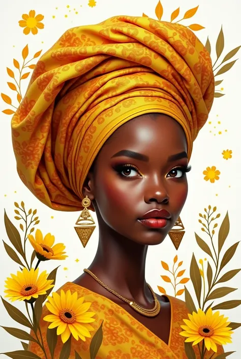  A vibrant digital artwork of a confident African woman with a glowing complexion, wearing a traditional golden and orange patterned headwrap. She has striking makeup and gold triangular earrings, exuding elegance and strength. Surrounding her are bright y...