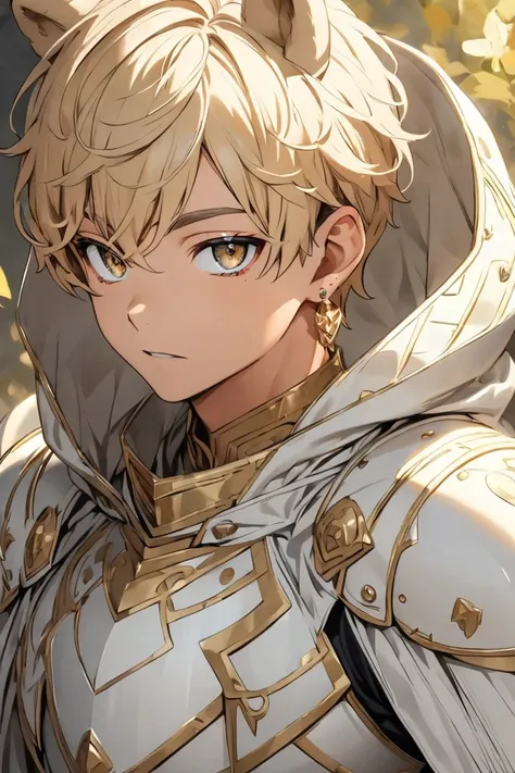 Light-skinned boy with golden eyes,  with earrings on the ears and short hair .  white leather armor with a hood and bears on their shoulders