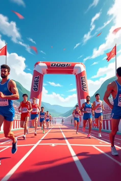 Create an arrival for an athletic race that says: meta ,  the goal must be in the colors red , white and royal blue . 2D image 