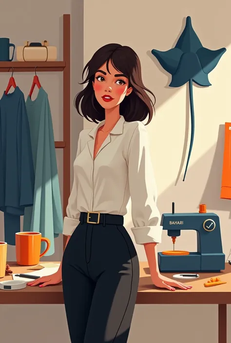  woman of 25 animated designer dressed in black and white , in her textile design studio with fabrics and molds ,  cups and thermosetting machine in the background the logo of her brand called BAHARI with the silhouette of a stingray using blue and orange ...