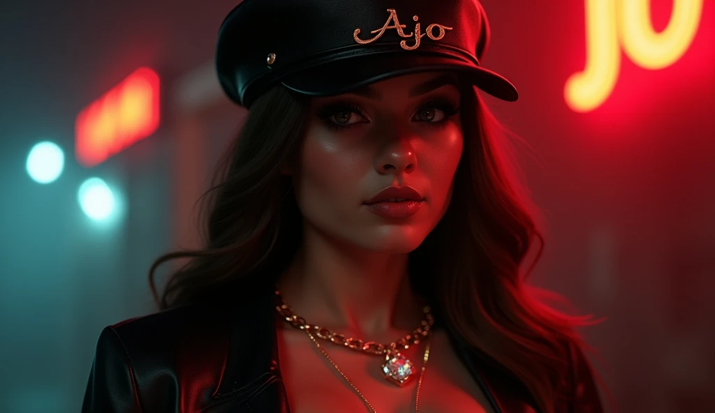 surreal Long-haired black Singing Jazz old fashion female mid close up sexy body with black AJO Gold chain with diamond in her neck wearing a cap writing AJO rose gold stainless, night scene with the red light
