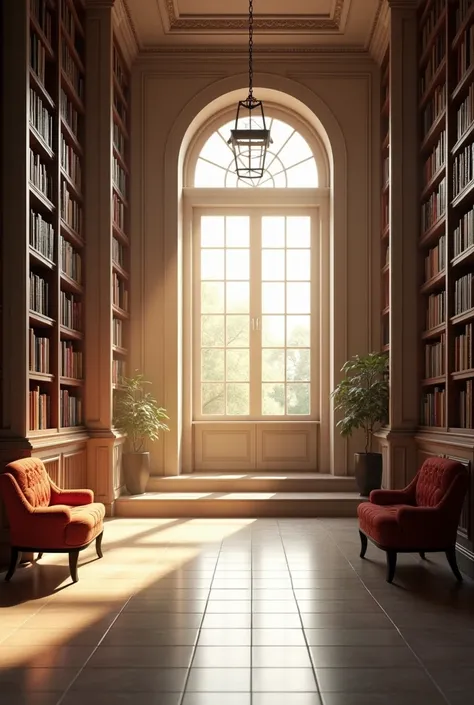 An empty, well-shaded background library.