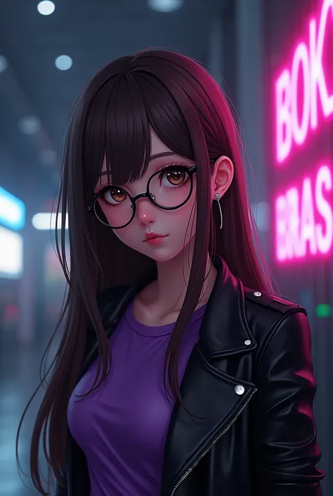 dark brown brown skin.purple shirt,straight long brown hair,mechas roxas,dark brown eyes,Teenage woman,black glasses,black jacket,Model Animagine XL V3 .1,graphic,anime