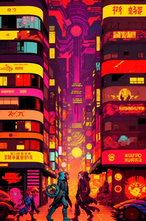  people walking through a street with lots of signs 々、detailed  Cyberpunk  illustration, Complex Abstract.  Cyberpunk , victo ngai  Cyberpunk  style, ( ( ( ( ( Dan Mumford ) ) ) ) ),  Victor Ngai and Tristan Eaton, josan gonzales and Dan Mumford,  Cyberpun...