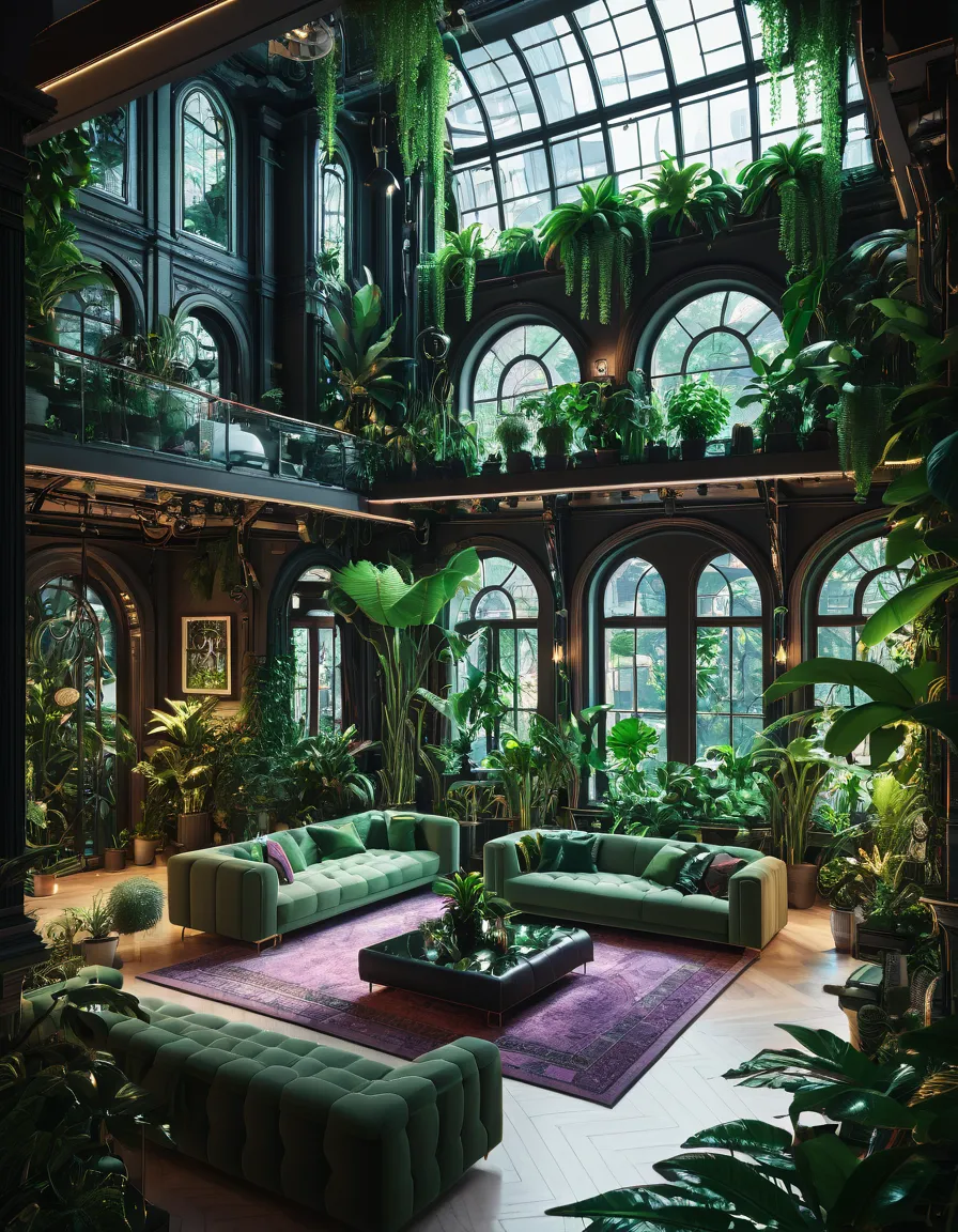 living room view with lots of plants and sofa, ornate cyberpunk interior ,  cyberpunk setting , cyberpunk interior ,  cyberpunk ...