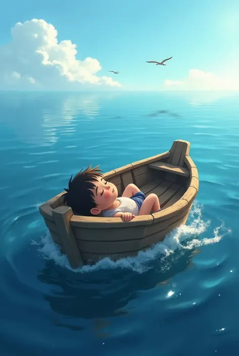 A boy lying on a boat in a ocean 