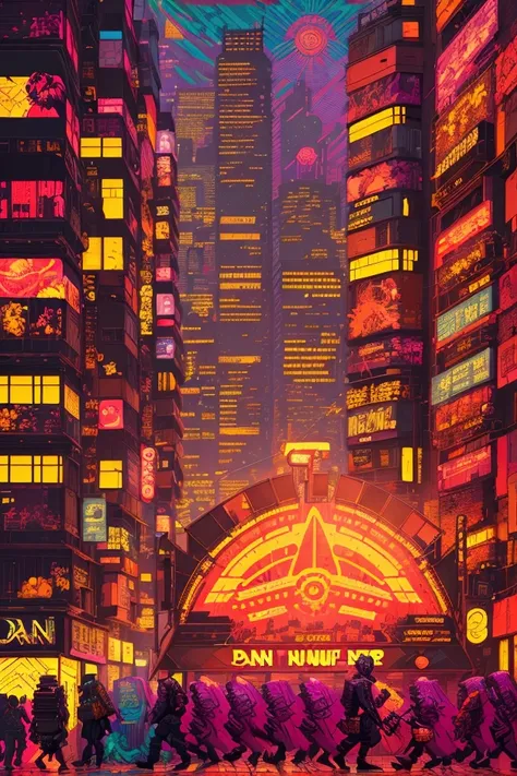  people walking through a street with lots of signs 々、detailed  Cyberpunk  illustration, Complex Abstract.  Cyberpunk , victo ngai  Cyberpunk  style, ( ( ( ( ( Dan Mumford ) ) ) ) ),  Victor Ngai and Tristan Eaton, josan gonzales and Dan Mumford,  Cyberpun...