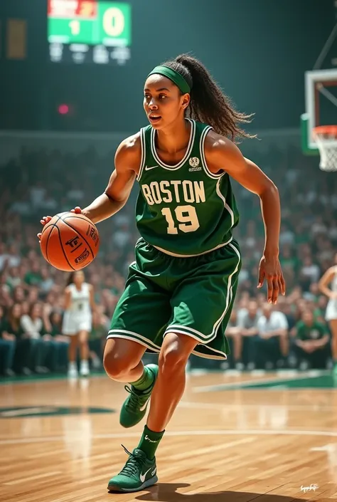 Boston female basketball player 19 jersey green and white 