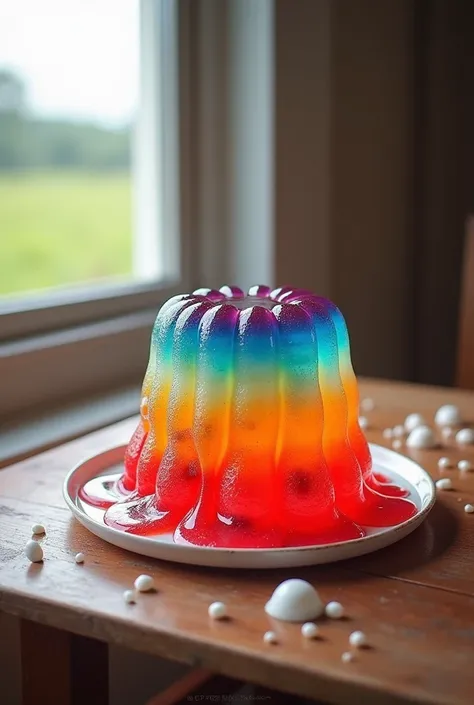 Colored jelly dessert dripping on condensed milk with kitchen table background next to a country window