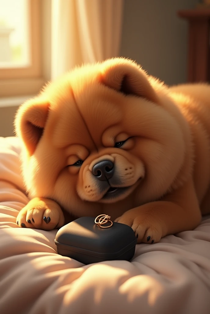  a chou chou dog has a black case with a wedding ring next to it,  the dog is lying on a bed , Warm sunlight 