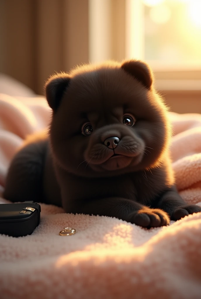 A 3-month-old Chou Chou dog has a black case with a wedding ring next to him,  the dog is lying on a bed , Warm sunlight 