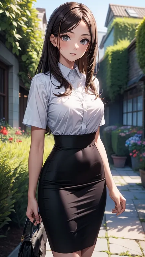 ((masterpiece, best quality:1.8, high detail)), beautiful business woman, looking at viewer, solo focus, long hair, (dark brown hair), (white collar shirt short sleeves), (black midi pencil (skirt)), slim body, wide hips, (lower body), outdoors, garden,