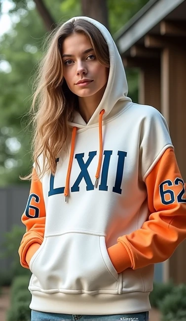 Create a sweater with a hood and pocket with those colors and that model that has the number 62 in Roman numerals on the front side and the words Ashley H on the back in the shoulder area