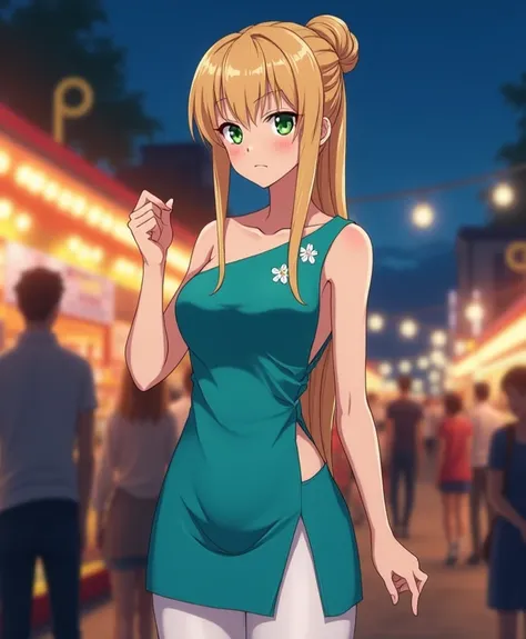 A 17-year-old anime lady   , anime To love ru,   soft lighting ,  standing at a fair in a beautiful neighborhood ,  There are people around you on a night with a sky with few stars ,  measures 1 , 69 cm high ,  her measurements are Bust 70 ,  Waist 39 , Hi...