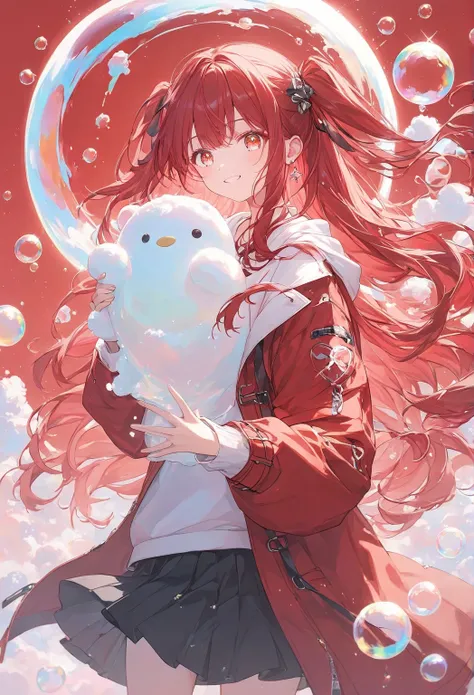 smileの女性,pastel,smile,happiness,Red Base,red eyes,Sparkling Eyes,Red Hair,Long Hair, Side knit  ,  old red coat  ,  white hoodie  ,    Black Skirt   ,  red glowing background  ,pale,White foam, lots of soap bubbles ,Backlight,   masterpiece using two hands...