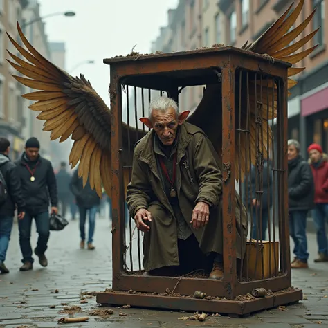  make an old man with huge wings being a street performance,  the old man is imprisoned in a cage , Hes thin and sad 