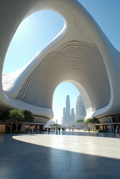 Make an entrance to a train station inspired by the Museum of Tomorrow and Maat and Santiago Calatravas unique style 