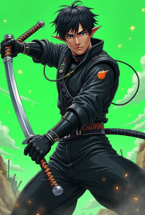 An agile male warrior of the future with a katana  , , A designer suit that allows mobility medium disheveled hair pointy ears without mask anime style 80s black and green costume