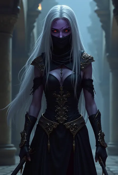 elfa drow,  purple skin, Eyes red, white  hair, assassin outfit with two daggers, scar on eye
, cover covering the mouth, ear piercing